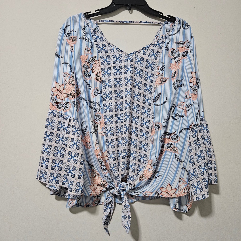 Zac & Rachel Petite Blue Floral Stripe Bell Sleeve Tie Front Blouse PXL
